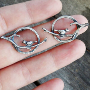 Bird earrings, Hoop stud earrings with birds in sterling silver 925, bird earrings with tree twig, round silver earrings